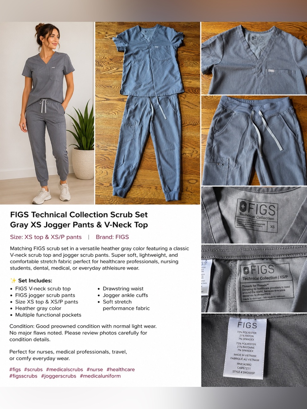 FIGS Technical Collection Scrub Set Gray XS Jogger Pants & V-Neck Top